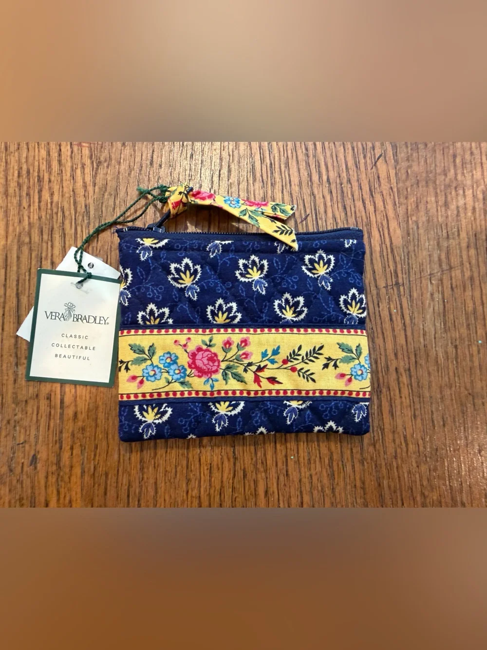Vera Bradley Navy Quilted Cosmetic Pouch with Yellow Floral Stripe
